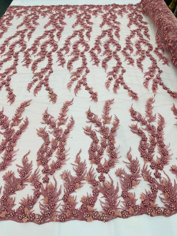3D Floral Vine Design Embroider and Heavy Beading on a Mesh Lace-Sold By The Yard. Dusty Rose