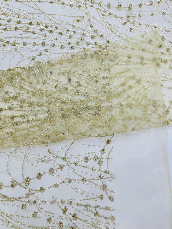 Light Gold Galaxy Glitter Design On A Mesh Lace Fabric/Prom.