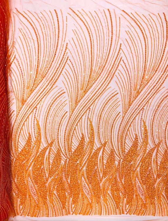 Orange Flame Fashion Beaded Lace Fabric| Prom| Wedding| By The Yard.