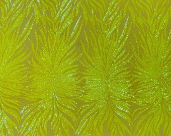 Iridescent Phoenix Feather Design with Sequins Embroider on a 4 Way Stretch Mesh Fabric-Sold by The Yard. Neon Yellow Iridescent