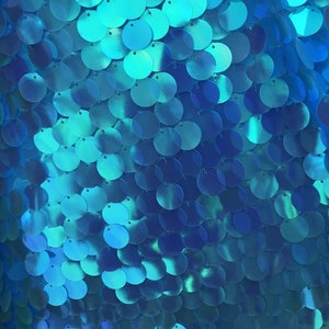 May include: A close-up of a turquoise fabric with iridescent sequins. The sequins are arranged in a pattern of overlapping circles.