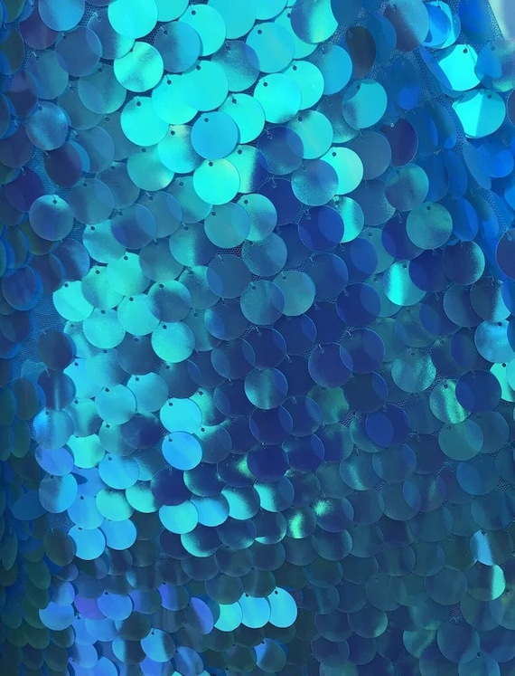 Fish Scale Paillette 18mm Mermaid Round Sequin Pearl Fabric Sold By The Yard. Turquoise Iridescent