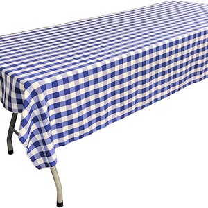 White & Royal Blue Polyester Poplin Gingham Checkered Rectangular Tablecloth.