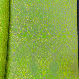 Lime Green Iridescent  Diamond Geometric Sequin On A Stretch Mesh Fabric. By The Yard