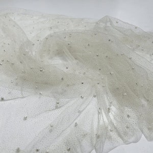 Scattered Pearls Studded with Gold Glitter Mesh, 2-Way Stretch, Sold By the Yard Ivory