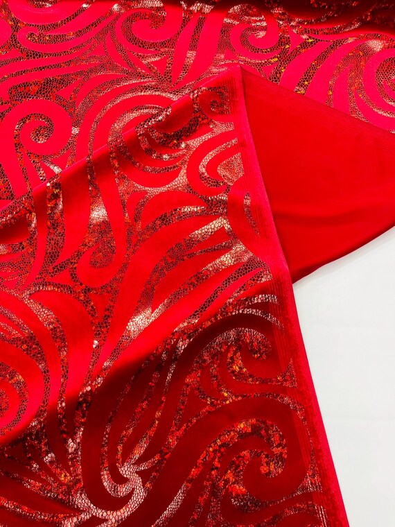 Red Holographic Foil Tribal Flame Design On A Stretch Velvet Fabric. By The Yard