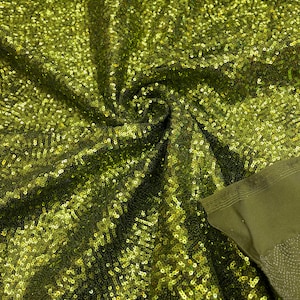 Puede incluir: Tela verde con lentejuelas que tiene un brillo sutil. Las lentejuelas son pequeñas y están muy juntas, creando una textura suave y lujosa.