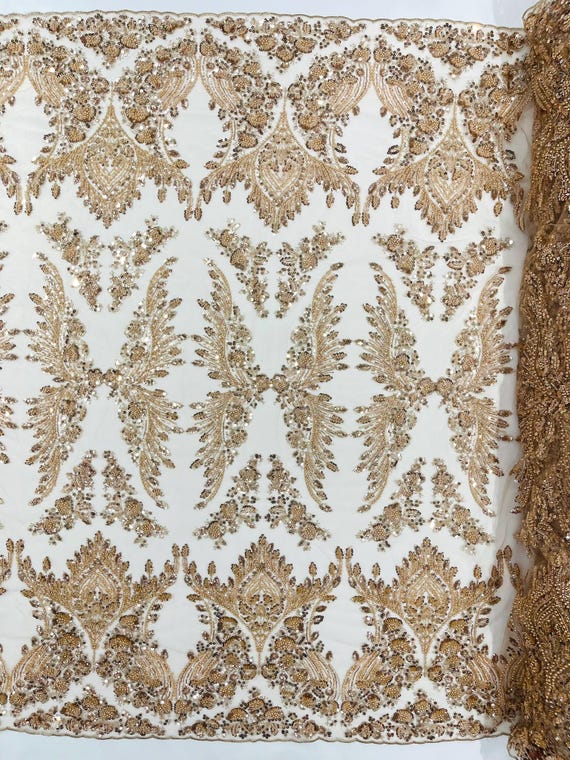 Champagne Damask Wing Design Embroidered Heavy Beaded Lace on 58" Silver Mesh Fabric for Prom, Wedding.
