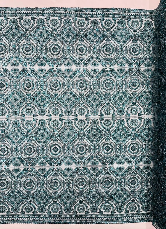 Hunter Green Geometric Beaded Lace Fabric, Heavy Embroidered Mesh for Bridal and Evening Gowns