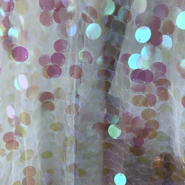 Fish Scale Paillette 18mm Mermaid Round Sequin Pearl Fabric By The Yard (50-54 INCHES 100% POLYESTER Clear Pink Iridescent