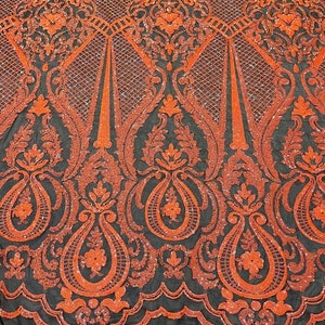 Princess Sequin Design on  4 Way Stretch Mesh Fabric-Prom-Sold By The Yard. Neon Orange Black