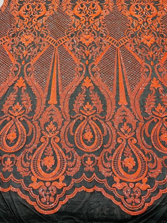Princess Sequin Design on 4 Way Stretch Mesh Fabric-Prom-Sold By The Yard. Neon Orange Black