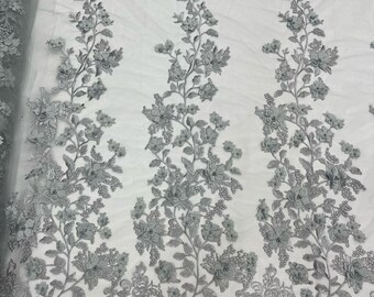 Silver Princess 3D Floral Design Embroider and Beaded With Pearls On a Mesh Lace-Prom-Dresses-Nightgown-Apparel-Fashion-Sold by Yard.