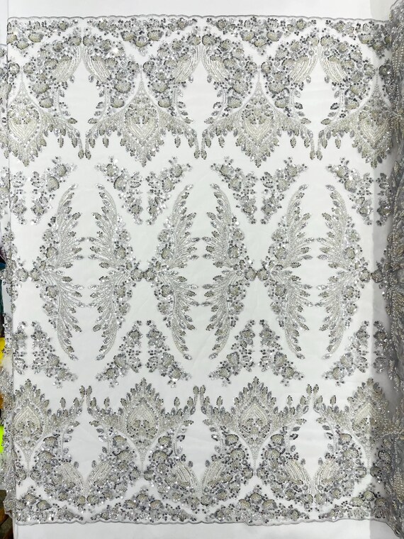 Silver Damask Wing Design Embroidered Heavy Beaded Lace on 58" Silver Mesh Fabric for Prom, Wedding.