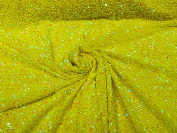Yellow 54" Stretch Velvet with Luxury Sequins All Over 5mm Shining Sequins 2-Way Stretch. Sold by the yard.