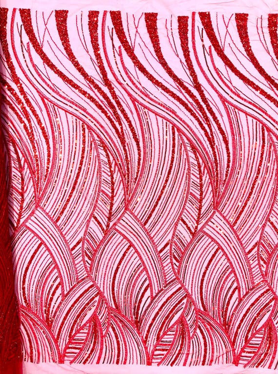 Red Luxury Feather Damask Beaded Lace Fabric| Prom| Wedding| By The Yard.