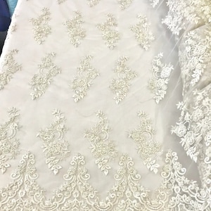 Elegant Hand Beaded Design Embroider on a Glitter Mesh Lace-Prom-Sold By The Yard. White
