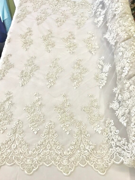 Elegant Hand Beaded Design Embroider on a Glitter Mesh Lace-Prom-Sold By The Yard. White