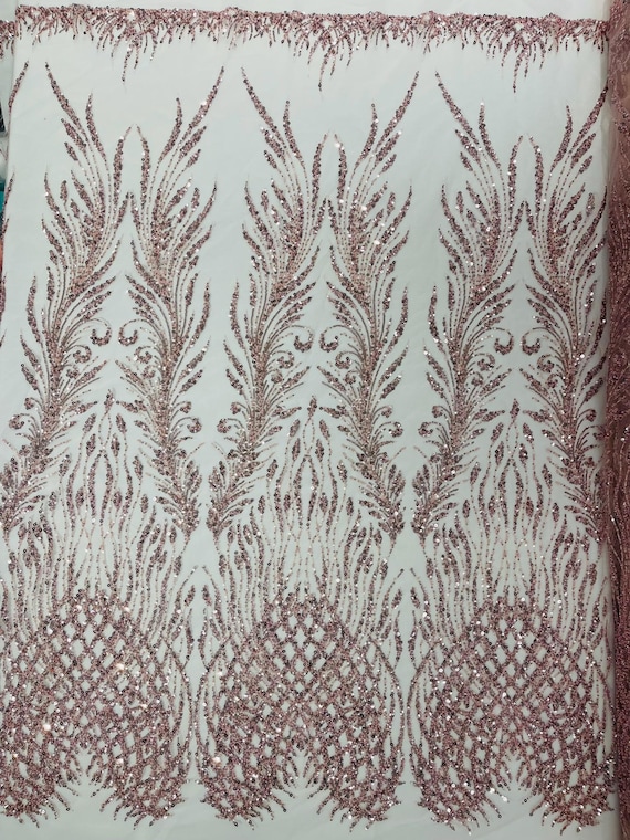 Mauve Feathers damask embroider and heavy beaded on a mesh lace fabric- Sold by the yard