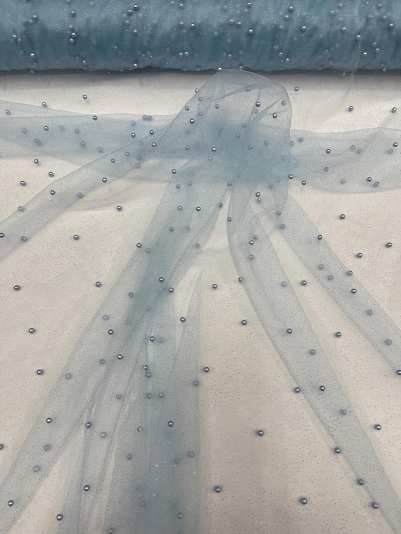 Light Blue Pearl Glitter Studded Mesh, 2-Way Stretch Shimmer Mesh Fabric, Sold by the yard.