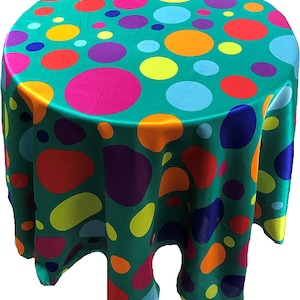 Round Happy Birthday Tablecloth Multi Color Polka Dot Satin Tablecloth Teal
