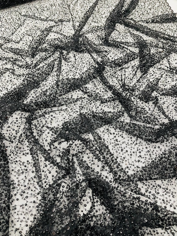 Black All Over Luxury Beaded Mesh with Pearls, Sequins for Wedding Dresses, Prom Gowns