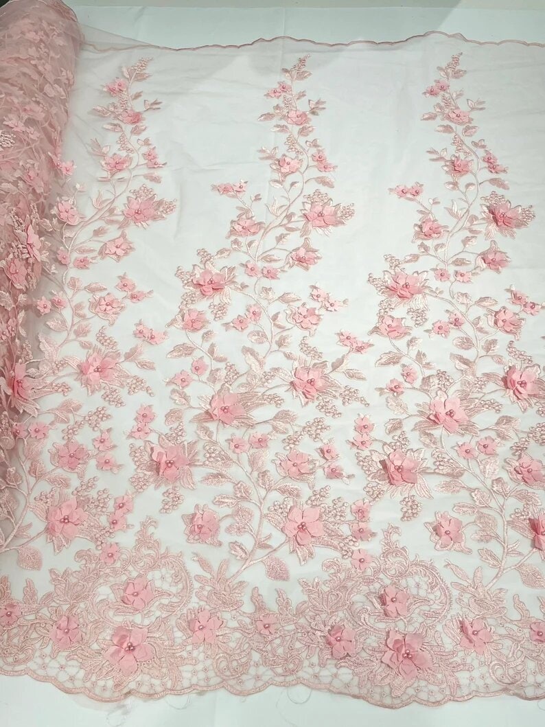 Emily 3-D Floral Design Embroider with Pearls On A Mesh Lace Fabric (1 Yard, Black) main image 0