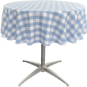 White & Light Blue Polyester Poplin Checkered Gingham Plaid Round Tablecloth.