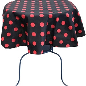 Round Polka Dot Poly Cotton Tablecloth, Red Dot on Black. Choose Size Below