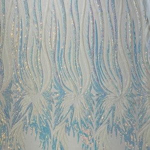 Aqua Blue Iridescent sequin Wings design on a blue 4 way stretch mesh fabric- prom-nightgown-by the yard-