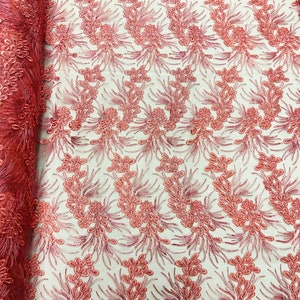 Feather Design Lace With Metallic Cord and Embroider With Sequins On a Mesh-Sold By The Yard. Mauve