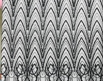 Black Luxury Chain Geometric Beaded Lace, Sold By The Yard.