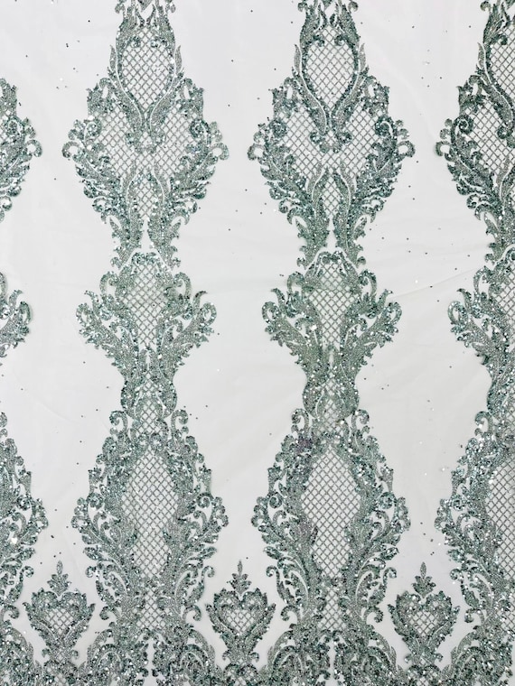 Sage Green Glitter Tower Damask Design Fabric| 58” Wide| Quinsiañera Dresses.