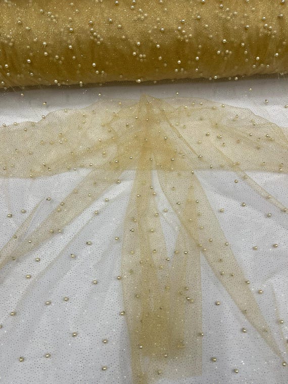 Gold Pearl Glitter Studded Mesh, 2-Way Stretch Shimmer Mesh Fabric, Sold by the yard.