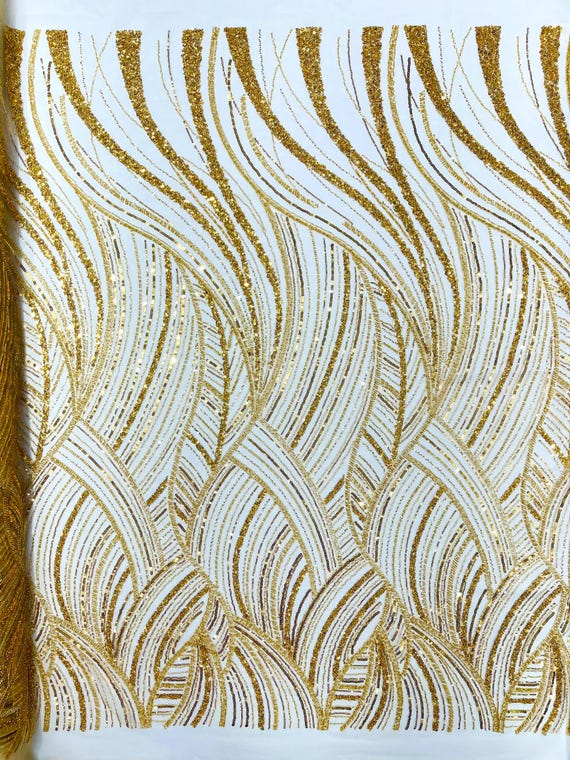 Gold Luxury Feather Damask Beaded Lace Fabric| Prom| Wedding| By The Yard.