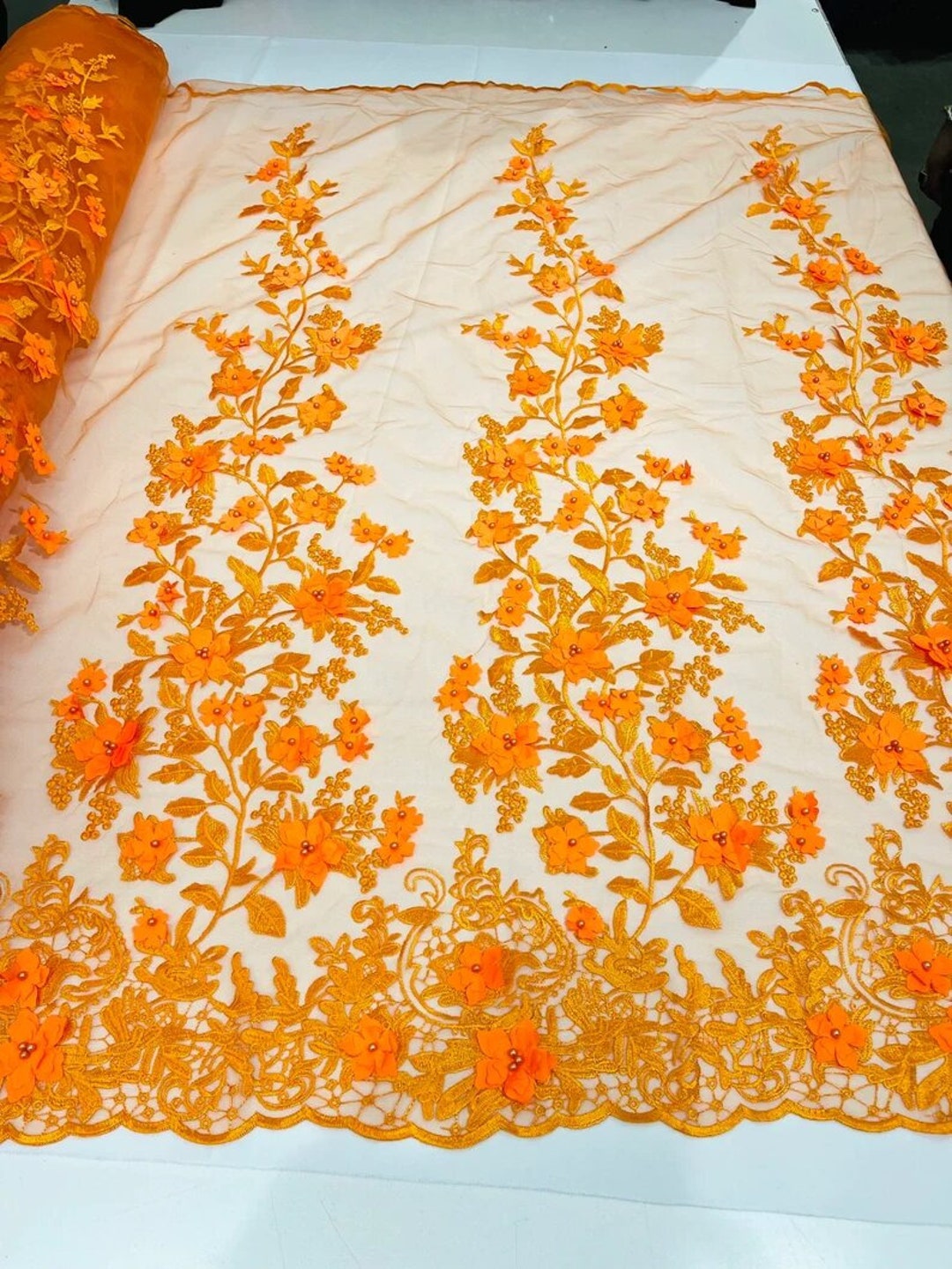 3D Floral Design Embroider with Pearls in a Mesh Lace-Sold by The Yard Candy Pink main image 1