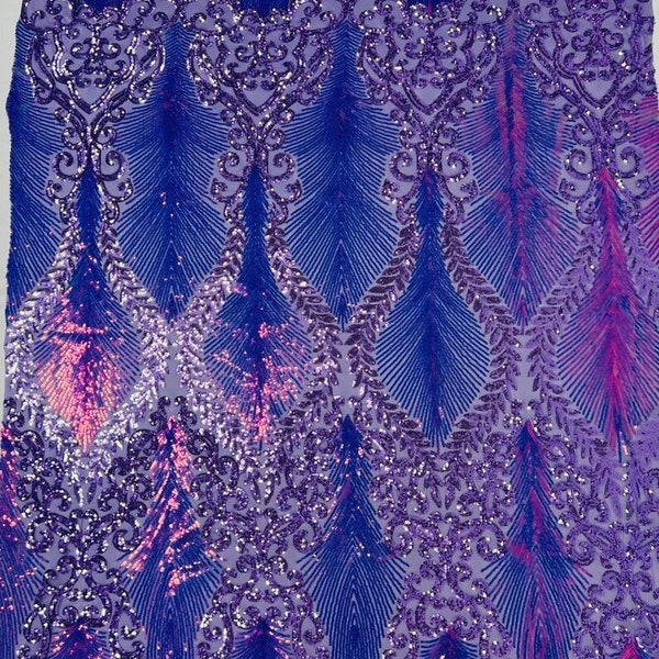 Two Tone Damask Design with Sequins Embroider on a 4 Way Stretch Mesh Fabric-Sold by The Yard. Rainbow Iridescent Lavender