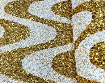 Sequin Wave Design On White stretch velvet all over 5mm shining sequins 2-way stretch, sold by the yard - Gold-White.