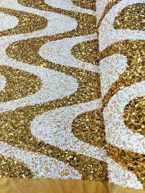Sequin Wave Design On White stretch velvet all over 5mm shining sequins 2-way stretch, sold by the yard - Gold-White.