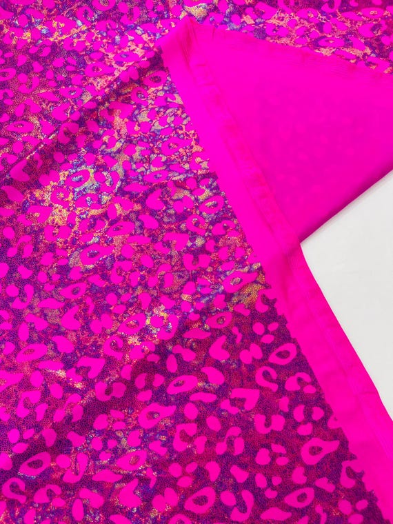 Fuchsia Leopard Oil Spill Metallic Print on a Stretch Nylon Spandex Tricot/Milliskin - Sold by the yard.