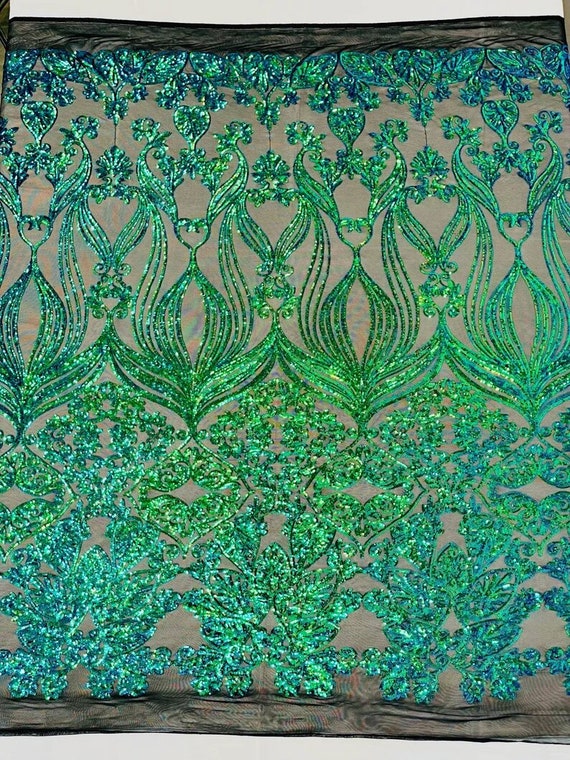 New Shiny Damask Design on a 4 Way Stretch Mesh-Prom-Sold by The Yard. Green Iridescent Black