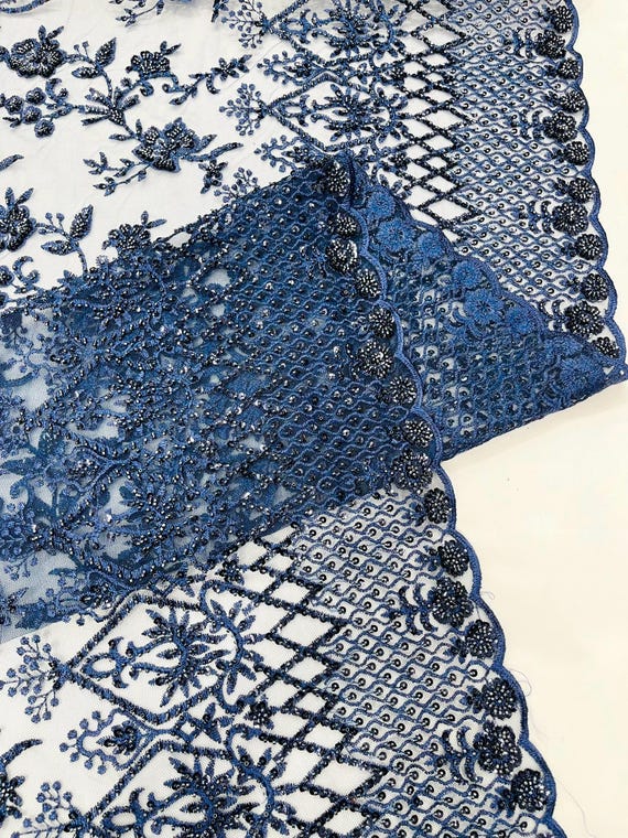 Navy Blue Modern Luxury Beaded Fabric 54” Wide- Sold by the yard