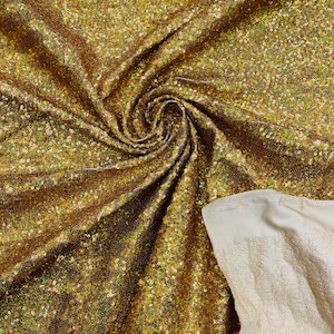 Gold Hologram Mini Glitz Sequins on a 4 Way Stretch Spandex Fabric- Sold by The Yard