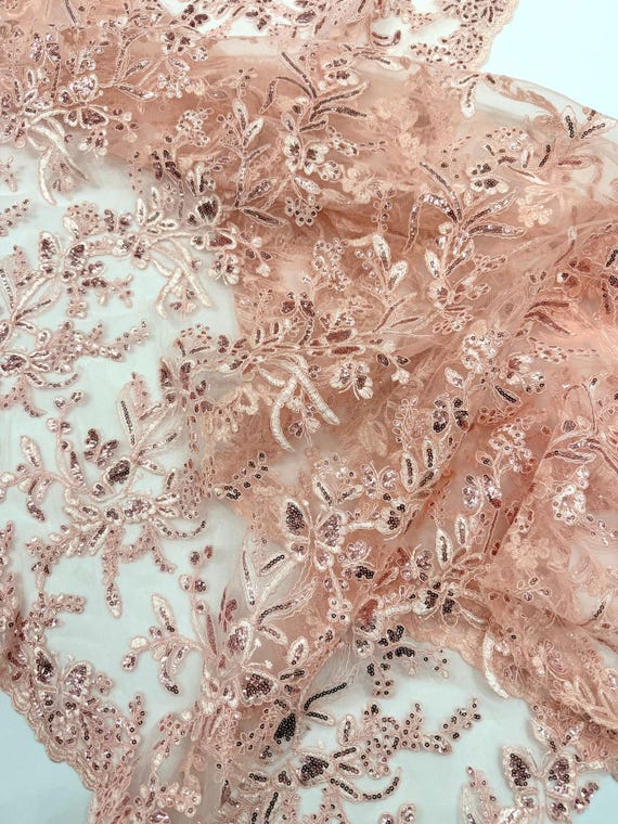 Pink Corded Lace with Butterfly Embroidery and Sequin on Mesh Fabric.-Sold by the yard
