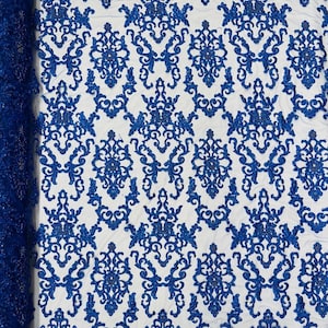 Damask embroider with sequins and heavy beaded on a mesh lace fabric-sold by the yard- royal blue
