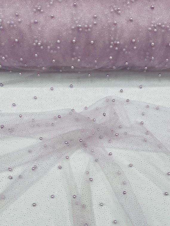 Light Lilac Pearl Glitter Studded Mesh, 2-Way Stretch Shimmer Mesh Fabric, Sold by the yard.