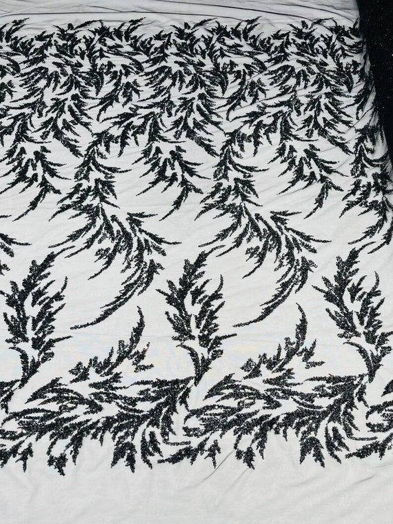 Elegant Hand Beaded Design Embroider on a Glitter Mesh Lace-Prom-Sold By The Yard. Black