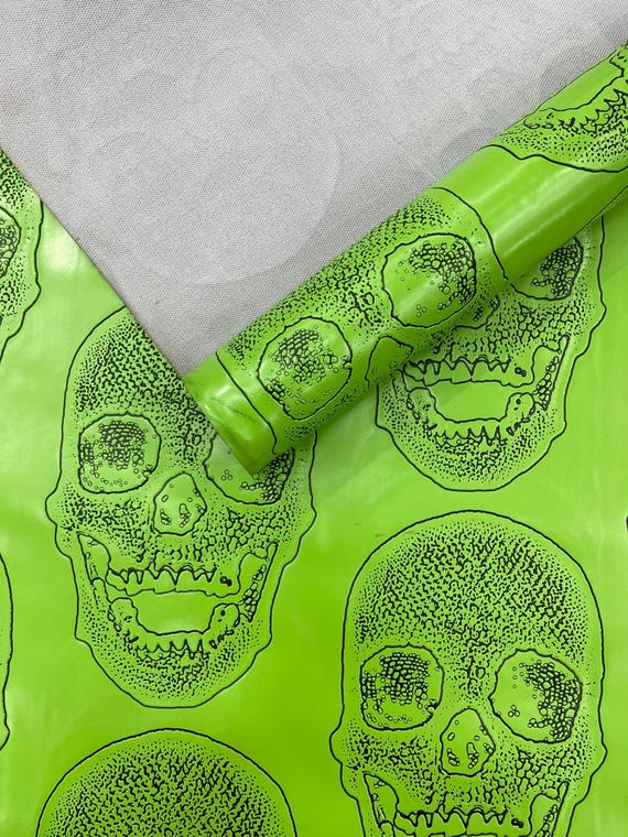 Lime Green Skull Vinyl Upholstery, 3D Embossed Fake Faux Leather PVC Vinyl Fabric.