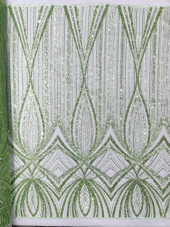 Sage Green Geometric New York Fashion Beaded Lace, By The Yard.