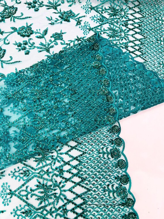 Hunter Green Modern Luxury Beaded Fabric 54” Wide- Sold by the yard